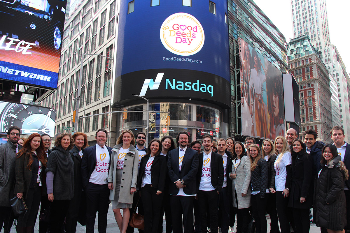 The Good Deeds Day representatives standing in Times Square after ringing the Closing Bell at NASDAQ
